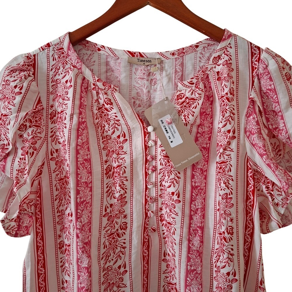 Timeson‎ Floral NEW Striped Blouse Women Medium Red White flutter Sleeve Top NWT